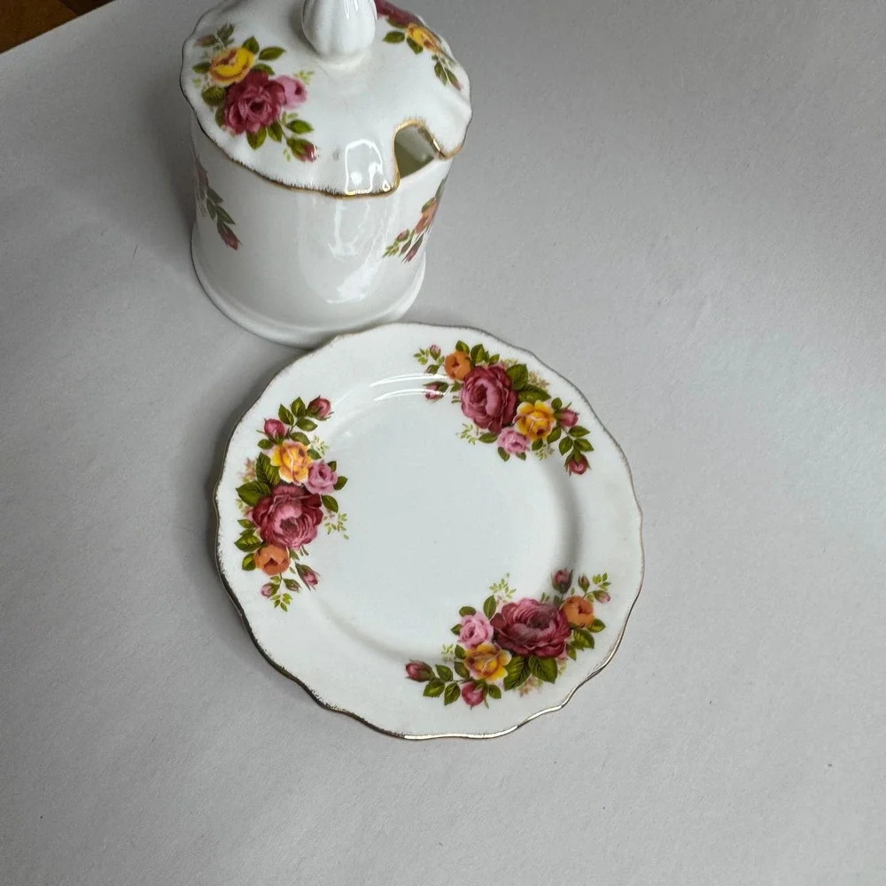 Cottage‎ Rose Fine Bone China Jam Honey Pot with Lid and Saucer Floral Taiwan